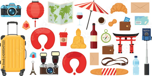 Travel Icon Set with Luggage, Souvenirs, Maps, and Essential Travel Gear for Adventure