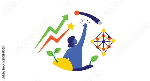 Blue silhouette of a person reaching for a bright star among growth arrows and networking symbols symbolizing ambition and success.