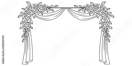 Wedding arch with roses and fabric curtains line art
