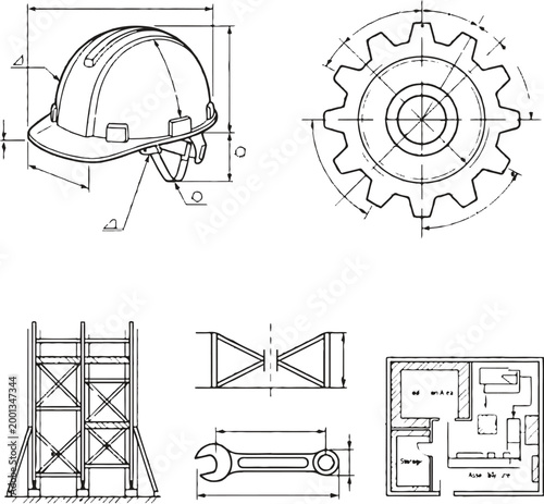 Technical illustration of a safety hard hat with adjustable straps and suspension