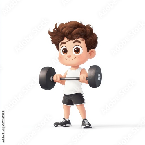 A happy boy with brown hair lifts a barbell, dressed in athletic wear, showcasing strength and fitness in a cartoon style.