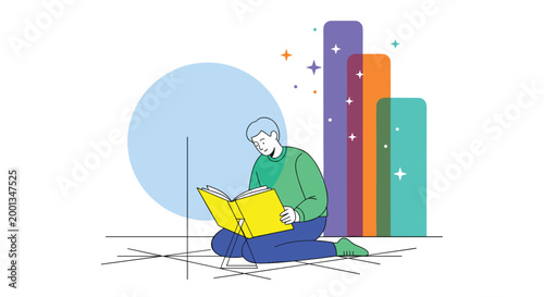Student sitting on the floor reading a large yellow book with vibrant bar charts and twinkling stars appearing in the background.