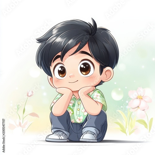 A cute cartoon boy with big eyes, black hair, and a floral shirt sits on the ground, smiling gently among soft pastel flowers.