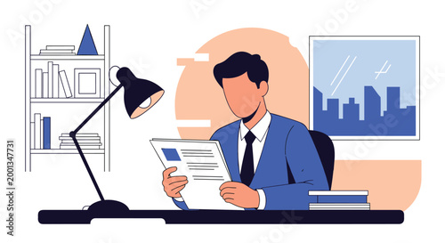 Businessman sitting at his office desk reading a document under a lamp with a blue city skyline visible through the large window.