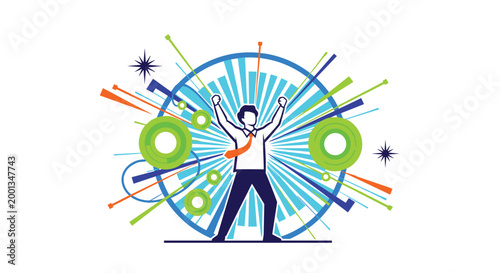 Silhouette of a happy businessman celebrating a major victory with raised arms against a background of bright blue and green rays.