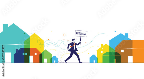 Successful businessman running past a row of colorful stylized houses while holding a sign that displays the word Progress.