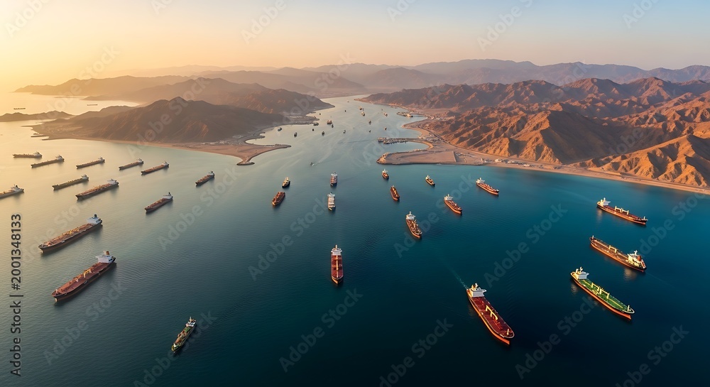 Obraz premium Large Oil Tanker Fleet in Coastal Waters During Golden Hour