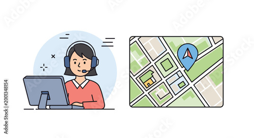 Professional female customer support representative wearing a headset works at her computer while a city map indicates a specific location point nearby.