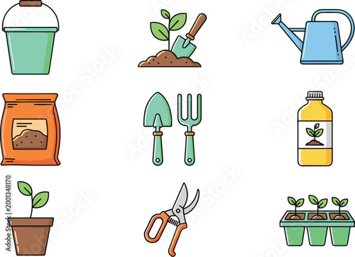 Gardening tools and equipment set with watering can shovel plants seeds fertilizer and pruning shears colorful vector illustration