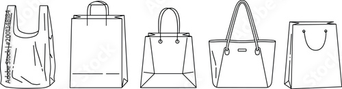Set of shopping bags outline sketch reusable paper plastic and tote bags retail packaging collection vector illustration