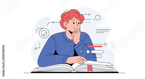 Thoughtful young boy with red hair rests his chin on his hand while reading a large book surrounded by various educational and scientific icons.