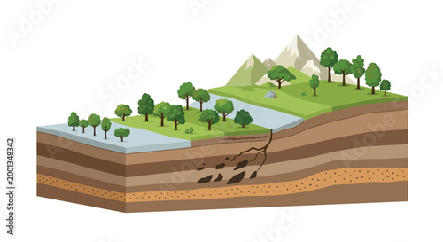 Detailed cross section illustration reveals the layers of earth below a lush landscape featuring green trees and snow-capped mountains in the distance.