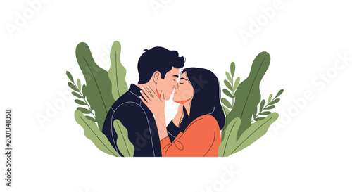 Loving couple shares an intimate kiss while standing in the center of lush green tropical leaves and botanical foliage for a romantic illustration.