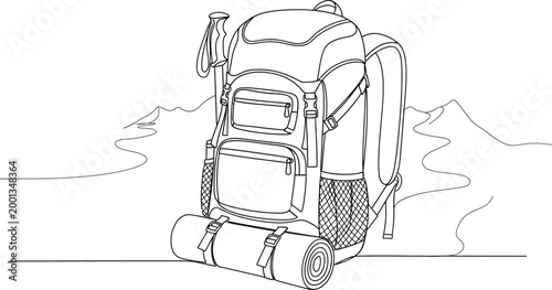 Detailed outline illustration of a large hiking backpack with a rolled sleeping mat and trekking poles standing ready for adventure.