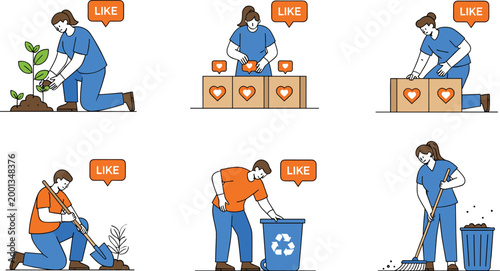 Volunteers doing community service planting trees recycling cleaning and donating boxes social responsibility teamwork vector illustration set