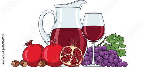 Pomegranate juice in glass and jug with fresh fruits grapes and nuts healthy organic beverage vector illustration