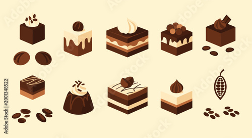 Array of small gourmet chocolate cakes and desserts is displayed alongside roasted coffee beans and a cocoa pod on a warm cream-colored background.