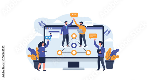 Diverse business team collaborates around a computer screen displaying a hierarchy network and speech bubbles to signify teamwork and communication.
