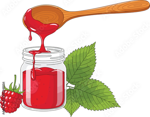 Raspberry jam pouring from wooden spoon into glass jar with fresh berries and leaves homemade organic food vector illustration