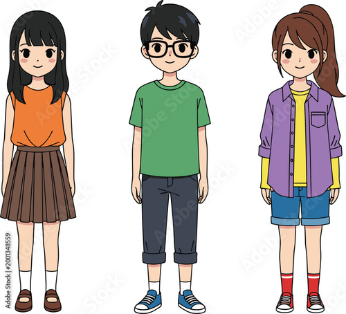 Cartoon vector illustration of three young Asian students standing side by side in casual clothing isolated on plain white background,