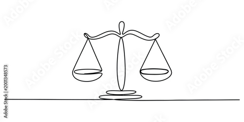 Continuous line drawing of a justice scale icon
