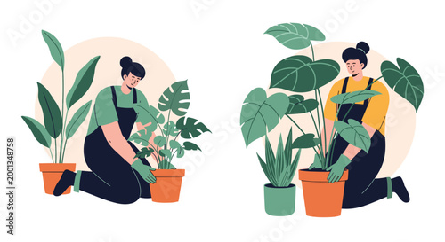 Two illustrations show women in overalls kneeling on the ground while carefully potting and tending to various green houseplants like monstera and aloe.