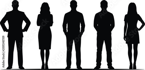 Business people silhouettes standing confident men and women isolated black vector professional corporate team illustration set