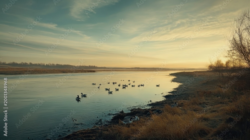 Fototapeta premium Tranquil river scene with swans at dusk, golden light reflecting on water