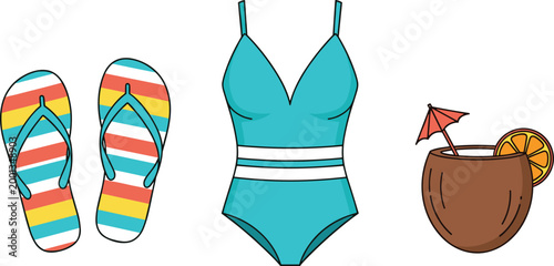 Summer beach fashion set with swimsuit flip flops and tropical coconut drink colorful vacation essentials vector illustration collection