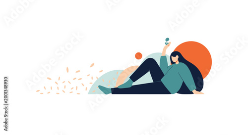 Young woman lies on a grassy hill while holding a small sprout as seeds blow away in the wind against a minimalist sunset backdrop for a peaceful scene.