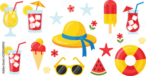 Summer beach elements collection with drinks ice cream sunglasses hat watermelon and tropical vacation accessories colorful vector illustration set