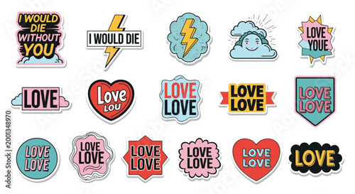 Set of eighteen colorful stickers and badges features romantic messages and symbols like hearts, lightning bolts, and clouds to express love.