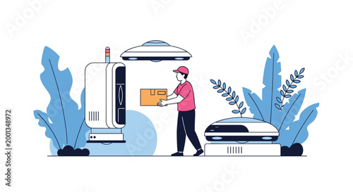 Future delivery worker carries a cardboard box through a warehouse filled with advanced logistics robots and flying delivery drones among blue plants.