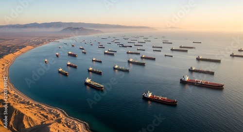 Oil Tanker Fleet Anchored Near Coastal Trade Route at Sunset