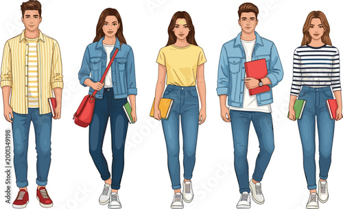 Group of five young Caucasian students standing in a row, casual denim clothing, carrying books, university education concept, flat vector, white.