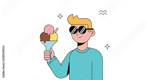 Stylish young man with blonde hair and sunglasses holding a large three scoop ice cream sundae bowl on a white background.