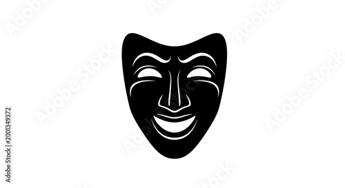 A black and white image of a comedy mask