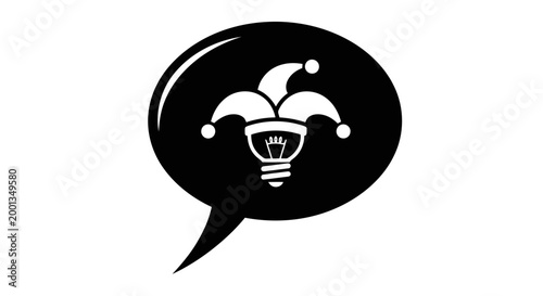 A black and white image of a light bulb with a jester hat