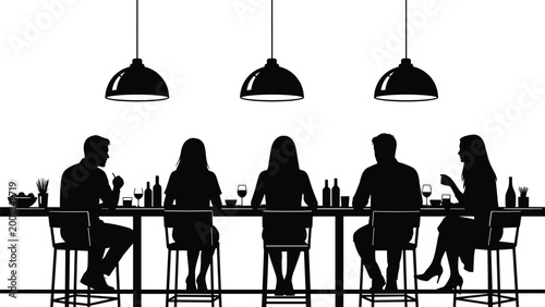 Minimalist black and white silhouette of five people dining at restaurant table with pendant lamps on white grid background, vector illustration