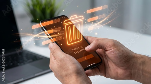 Close-up of person holding smartphone with glowing virtual trash bin icon and storage cleanup concept on screen in office setting