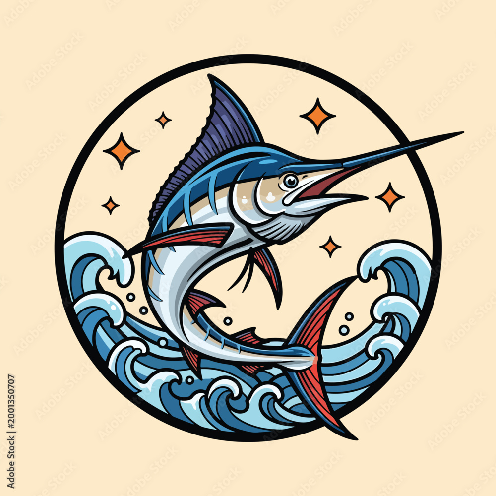Obraz premium Stylized Marlin Fish Jumping Through Ocean Waves Vector Illustration.