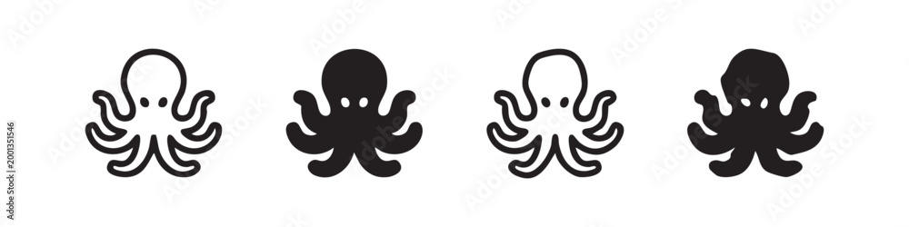 Fototapeta premium Octopus, icons in outline and silhouette