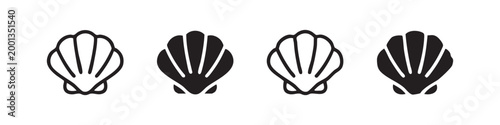 Scallop shell, icons in outline and silhouette