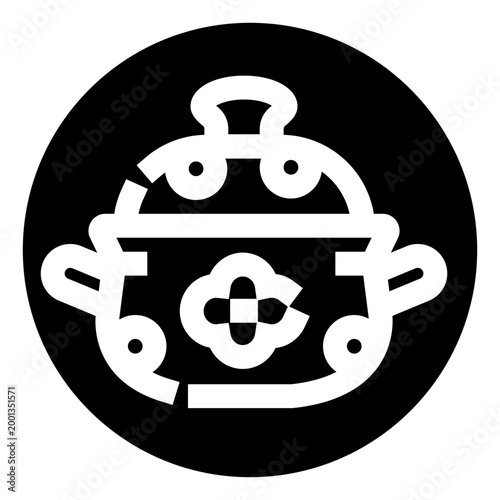 Foto Black and white flat icon of a cooking pot or soup tureen centered on a round ba
