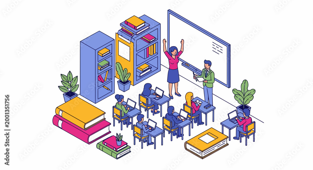 Fototapeta premium A big room with boys and girls and books and many desks and small tech