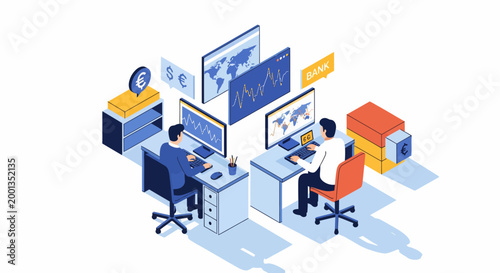 Two bank men at desk with pc work on cash and fund flow and map