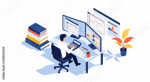 Man at desk with dual screen and book to do task for bank in a firm