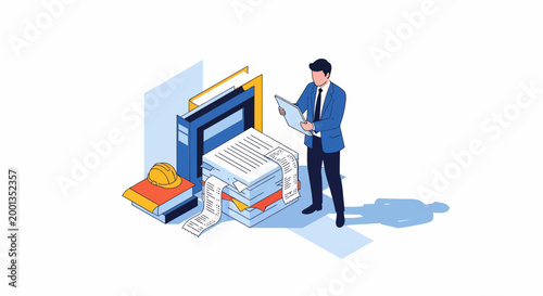 Professional man accountant auditor reviewing large stack of financial audit documents and business files for corporate report