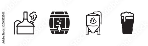 Brewery equipment icons: kettle, barrel, tank, beer glass.