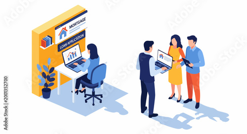 Bank loan review for a house buy plan with a client and banker at work